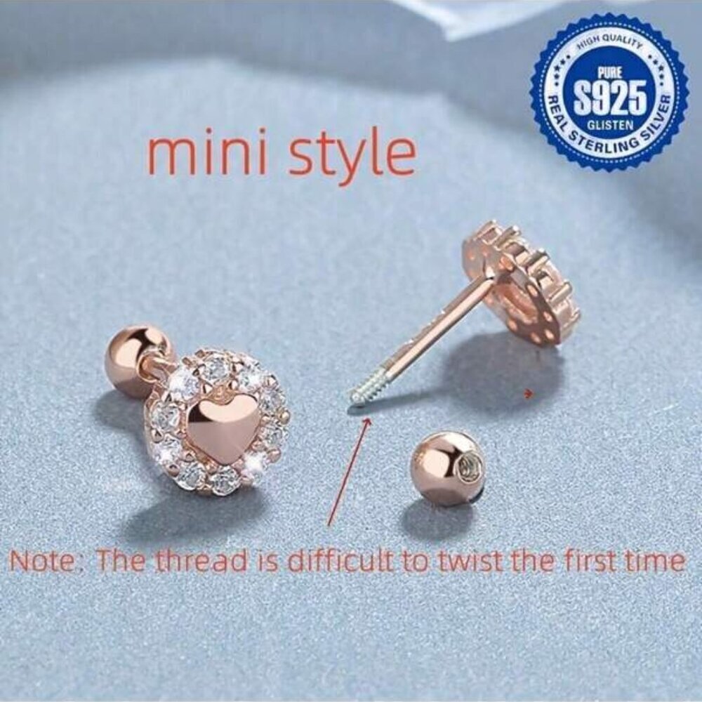 Dainty 18K Rose Gold over Sterling Silver Heart CZ Screw Back Studs